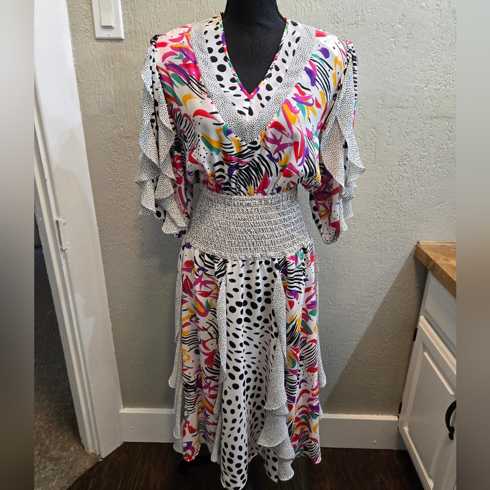 Vintage Assorti Flowy Ruffle Polka Dot Smocked Waist Dress
